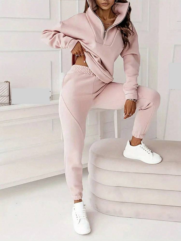 Damenbekleidung Mode Einfarbig Pendler Lässig Stehkragen Pullover Hose Set Zweiteiliges Set_voghion.com