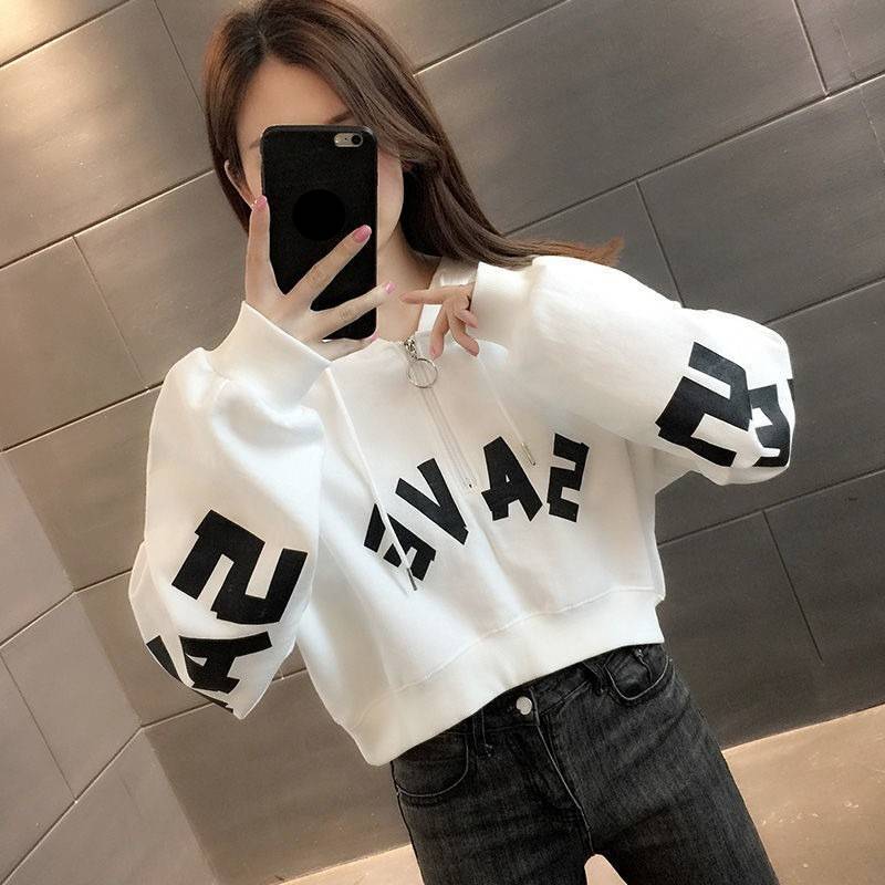 Women's Clothing Half Zip Hooded Cropped Short Sweatshirt For Petite Women, New Early Autumn Style, Thin, High Waisted, Trendy And Stylish._voghion.com
