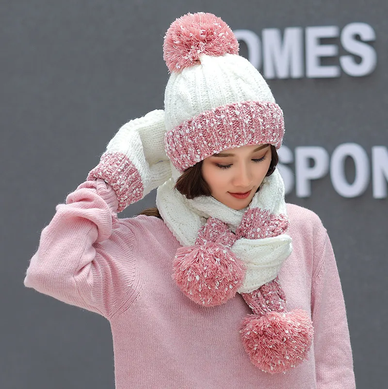 Jõulukingiks lumehelveste müts, armas talvine villamüts, sall, kindad, kolmeosaline Korea versioon, metsiku magususe trend_voghion.com