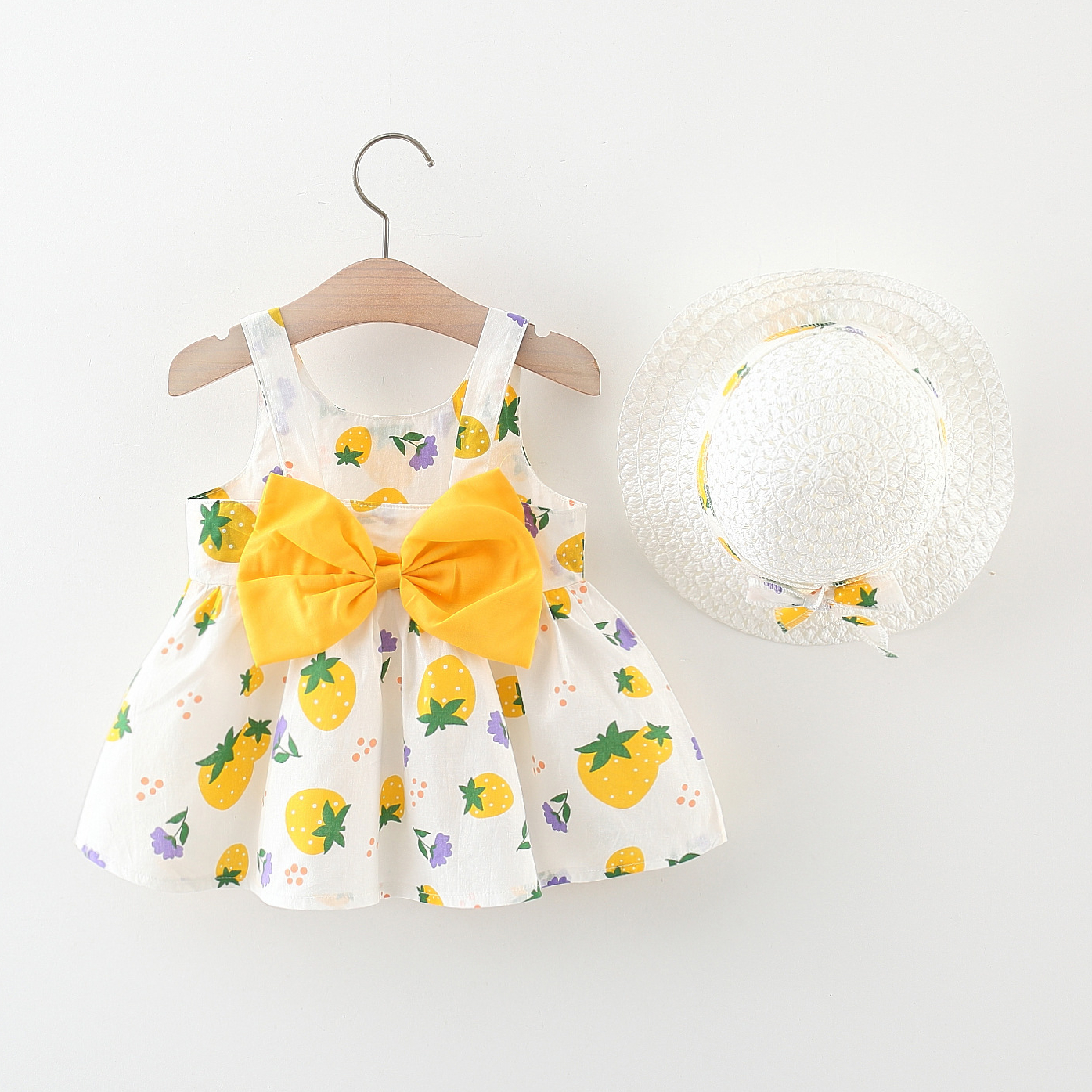 Vestido para niña con estampado de fresas y lazo, ropa de playa para bebé, sombrero incluido_voghion.com