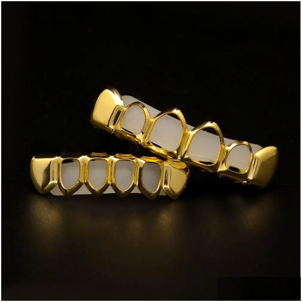 Grillz, Dental Grills New Real Gold Plated Iced Out Hiphop Hollow Teeth Grillz Top Grill Halloween Christmas Party Gift_voghion.com