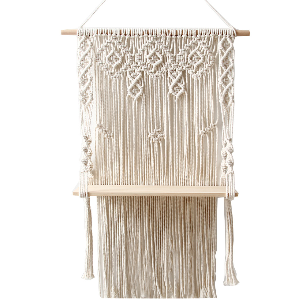 Tapiserie de perete suspendată din macrame boemă, țesută manual, cu ciucuri, raft plutitor din lemn, artă de perete pentru plante, ghiveci de flori, decor boho_voghion.com