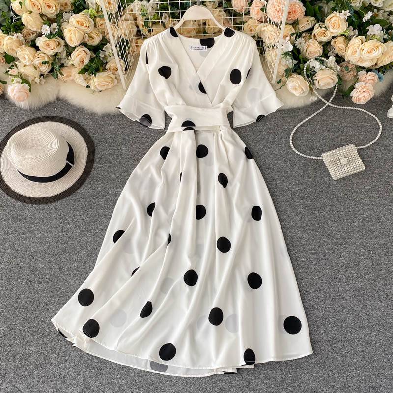 Women's French style large polka dot style flared short-sleeved temperament V-neck strap waist slimming mid-length dress for women summer wear