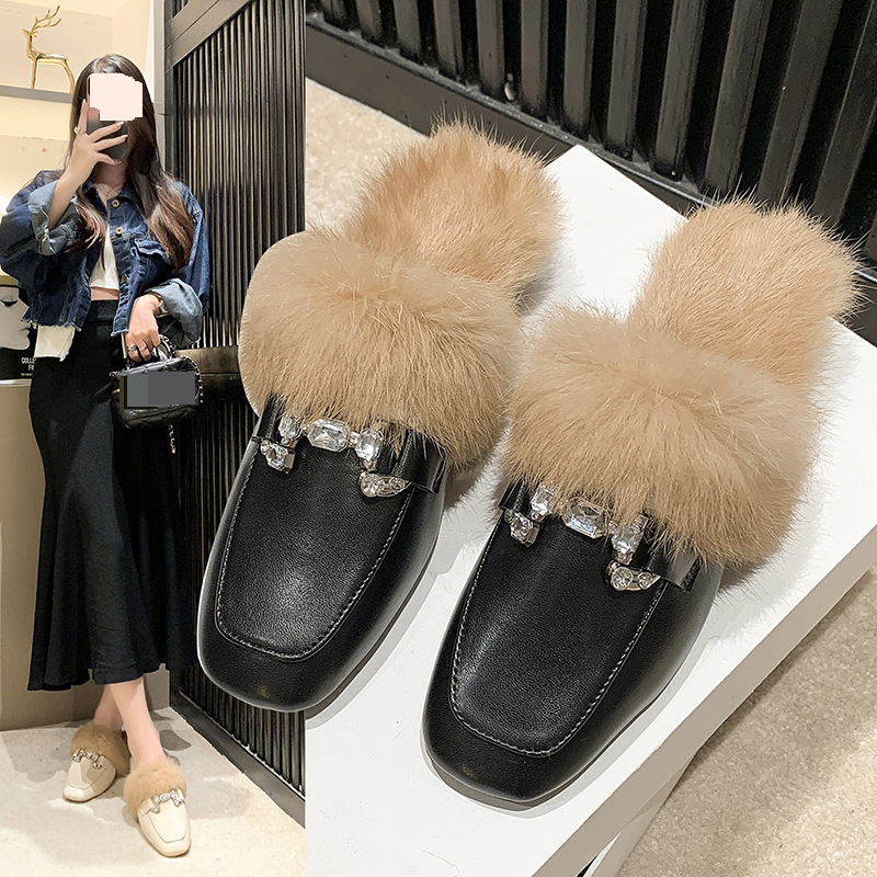 Women’s Shoes Baotou half slippers for women autumn and winter outdoor wear new mules slip on lazy furry shoes cotton slippers