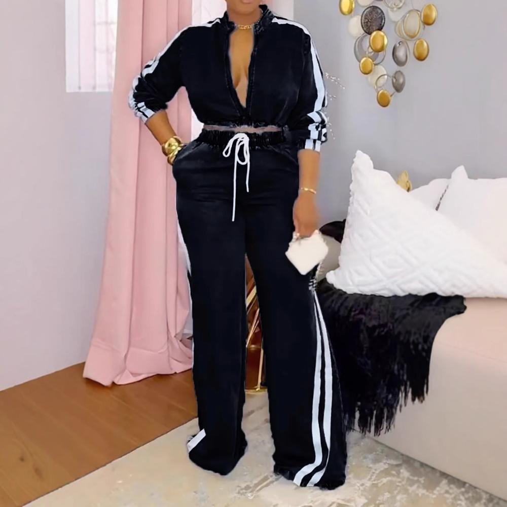 Completo da salotto a righe con coulisse da donna primavera/autunno – Maglia a maniche lunghe e pantaloni con elastico in vita (XS-XXXL) | Comodo completo casual per casa e uscite_voghion.com