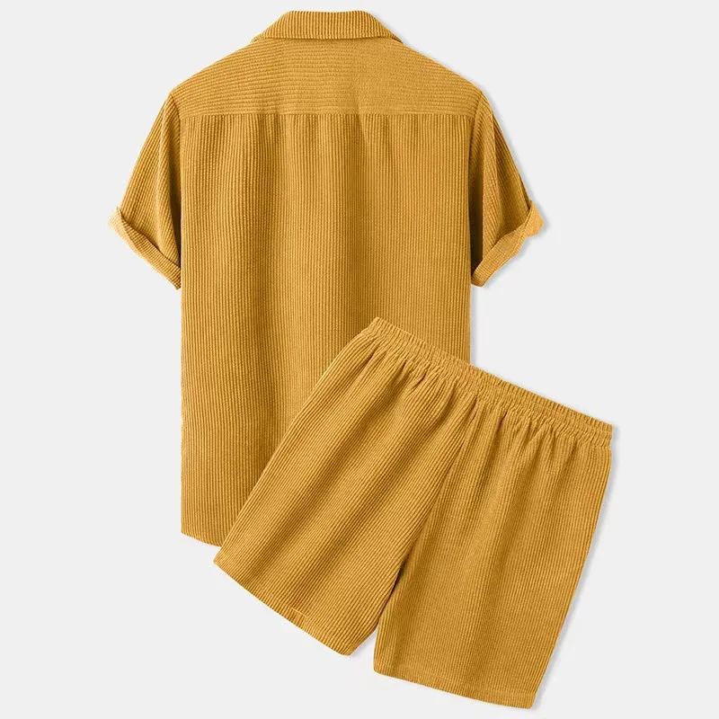 Spring Summer New Solid Men Corduroy Suit Short-sleeve Button Shirts And Shorts Two Piece Sets Casual Outfits Streetwear_voghion.com