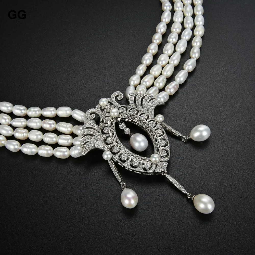 Collane con ciondolo JK 4 fili 18" Collana di perle di riso bianche naturali CZ_voghion.com