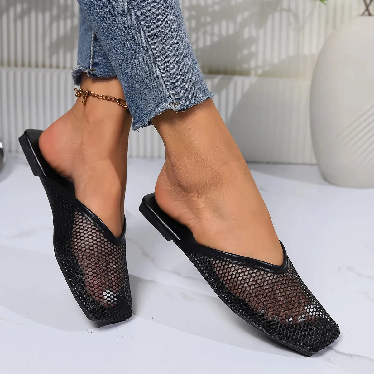 Muls Womn Shos Msh Summr Low Hl Slipprs Outdoor Sandals Koran Sxy Elgant Chic Squar To Slip On 240613_voghion.com