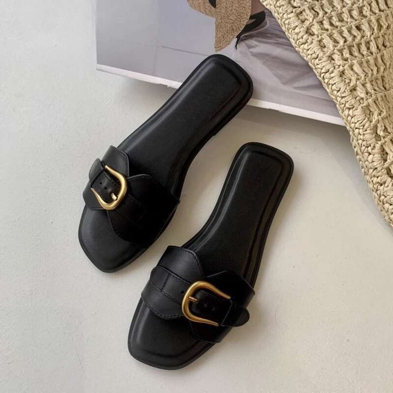 Flache Hausschuhe für Damen im Sommer 2024, neue beliebte Sandalen mit Schnalle für Loafer, lässige Strandschuhe_voghion.com