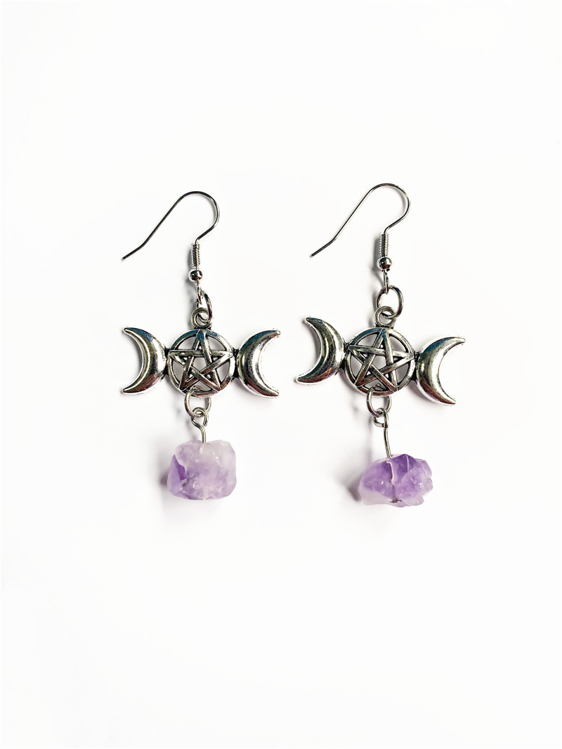 Cross-border Foreign Trade Fashionable Triple Moon Goddess Purple Irregular Crystal Dangling Earrings Factory Direct Sales_voghion.com