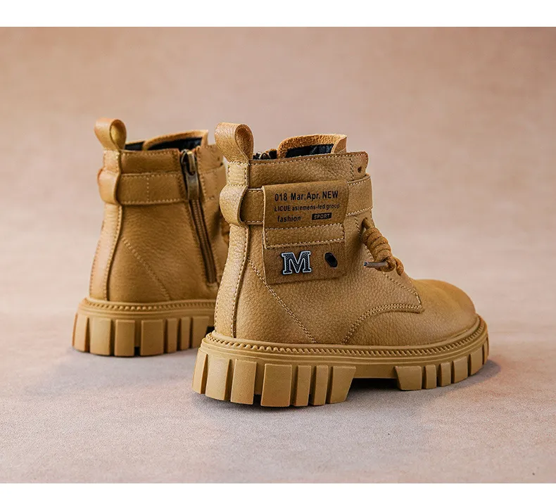 Botas Happysteps de cuero estilo motociclista con correa al tobillo para niños grandes, para montar a caballo, senderismo, otoño e invierno, talla grande_voghion.com