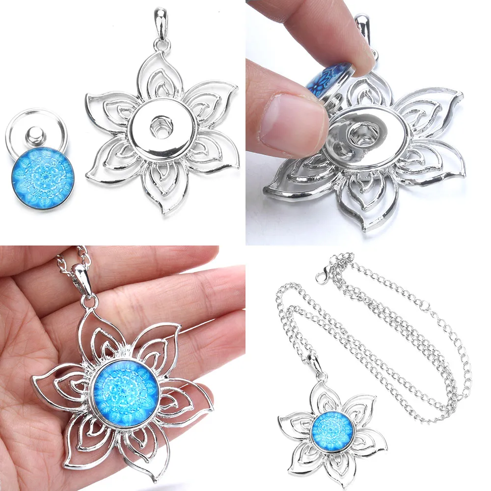 Snap Button Pendant Necklace With Rhinestone Crystal Flower Design_voghion.com