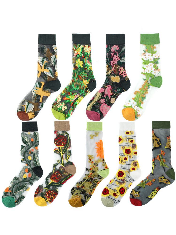 23 Spring/Summer Women's Thin Style Medium Tube Fashion Trendy Wind Flower Dorsen Series Glass Silk Socks_voghion.com