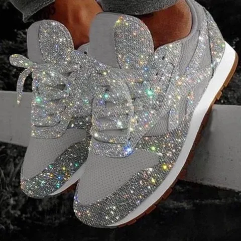 Women Casual Glitter Mesh Flat Ladies Sequin Vulcanized Lace Up Sneakers Outdoor Sport Running Shoes_voghion.com