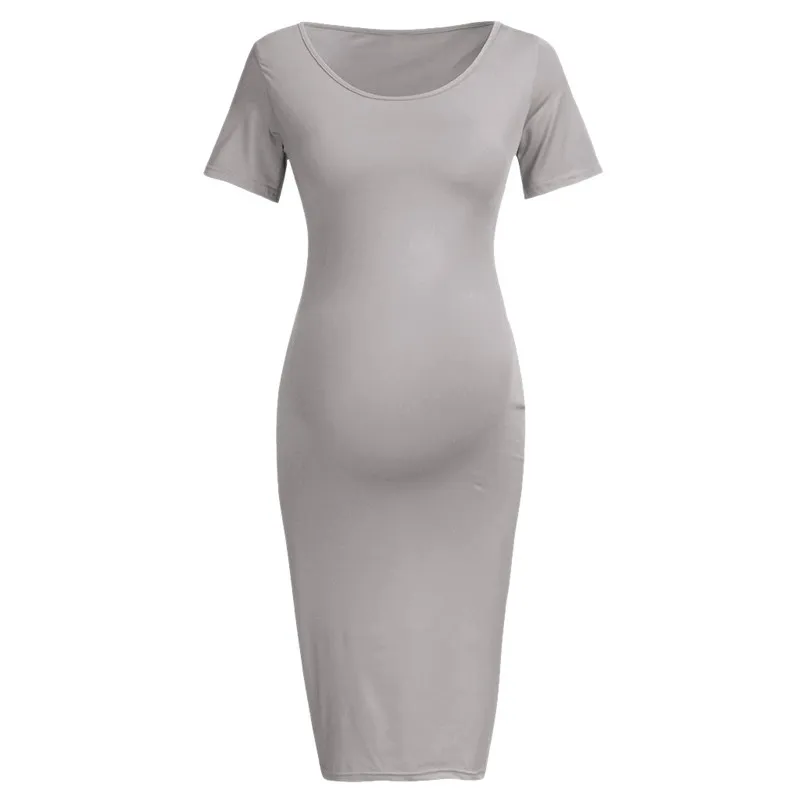 bunvel Sommer Bodycon Gravide Kvinner Sommerkjoler Ensfargede Mammaklær Kortermede Graviditetskjoler Premama Wear_voghion.com
