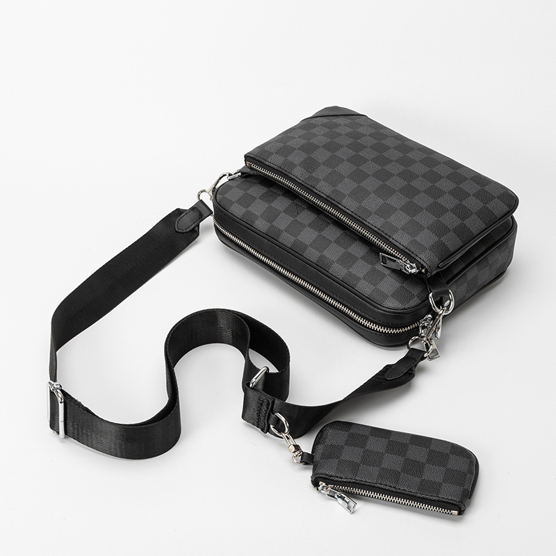 Men's bags multifunctional trendy fashion shoulder messenger bag large capacity plaid men's three piece combination messenger bag