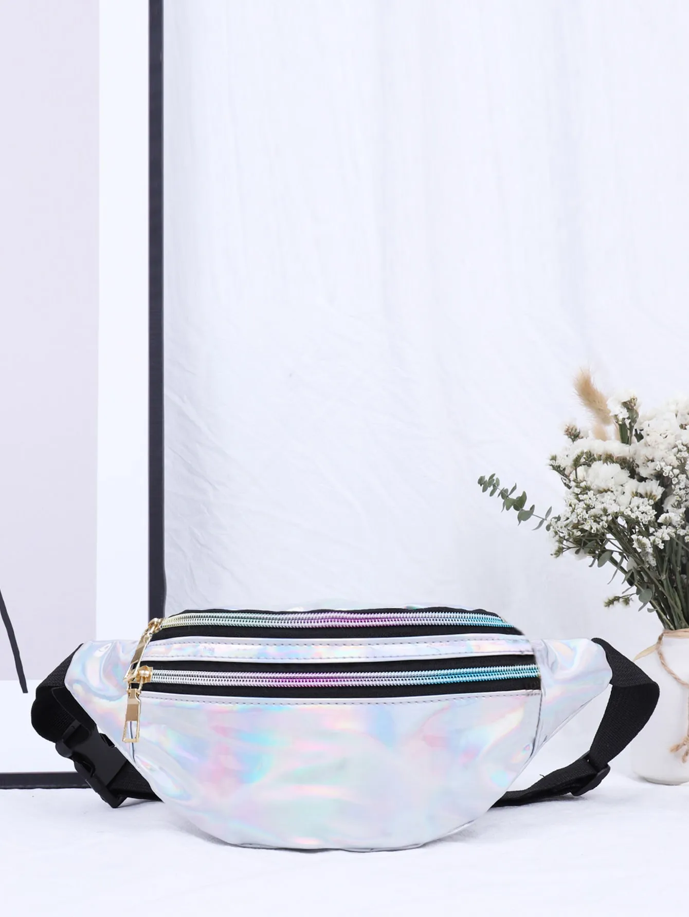 Holographic Fanny Pack,Hologram Pack Waterproof Shiny Laser Waist Bum Bag Adjustable Belt,Metallic Color Sport Waistbag_voghion.com