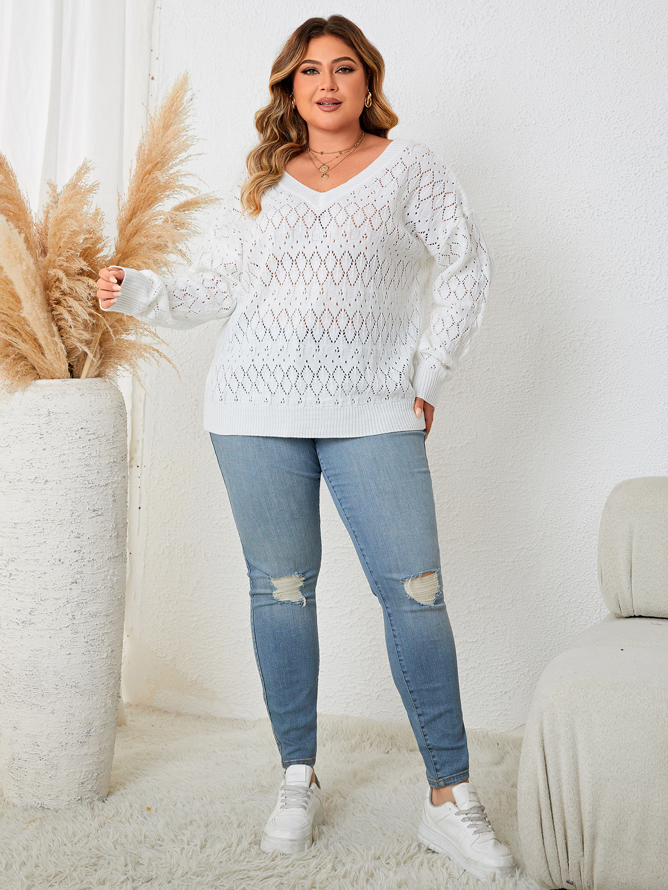 Pull col rond femme pull légèrement gras grande taille haut col en V creux femme_voghion.com