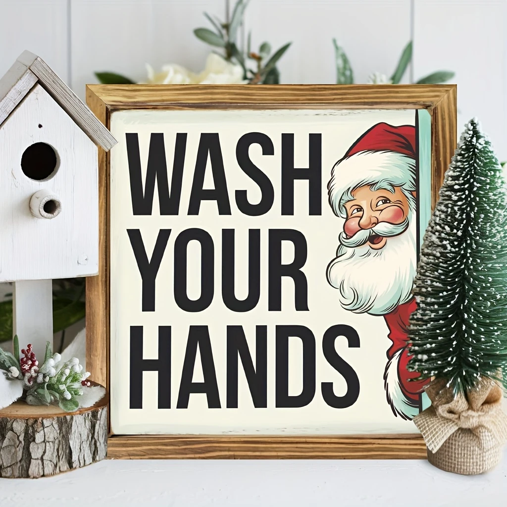 8x8" Vintage Weihnachtsmann "Wasch deine Hände" Holzschild - Rustikale Wandkunst für Küche, Bad & Büro | Einzigartiges Weihnachtsgeschenk_voghion.com