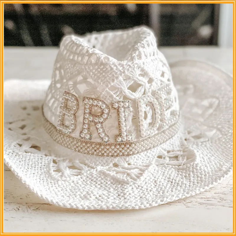 Chapeaux à large bord blanc Dia Fringe Bride Cowgirl Hat Mme Cowboy Bridesmaid Gift Bridal Summer Country Western HatWide_voghion.com
