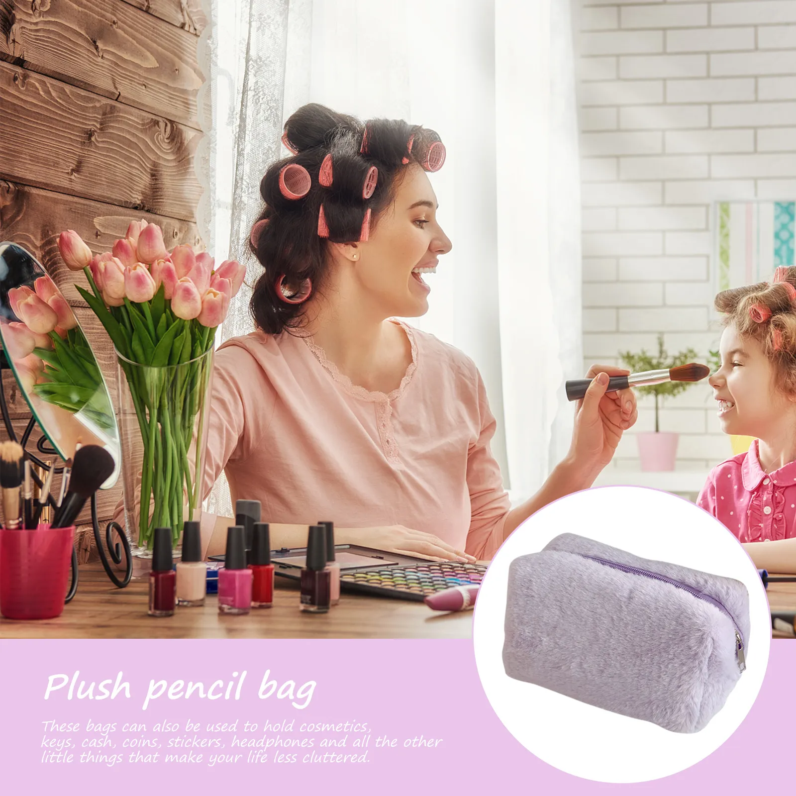 Plush Makeup Bags Large Capacity Soft Make Up Brushes Storage Solid Color Cosmetics Handbag Case Portable For Travel_voghion.com