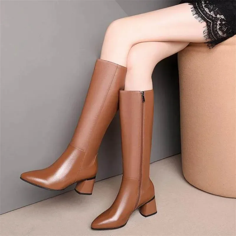 Winter Long Shoes Woman For Knee High Shaft Footwear Leather Womens Boots Fur Brown Pointed Toe Chic And Elegant Fashion_voghion.com