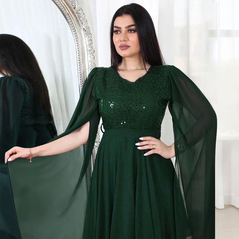 Women's Clothing autumn new Arabic sequin evening dress muslim with belt_voghion.com