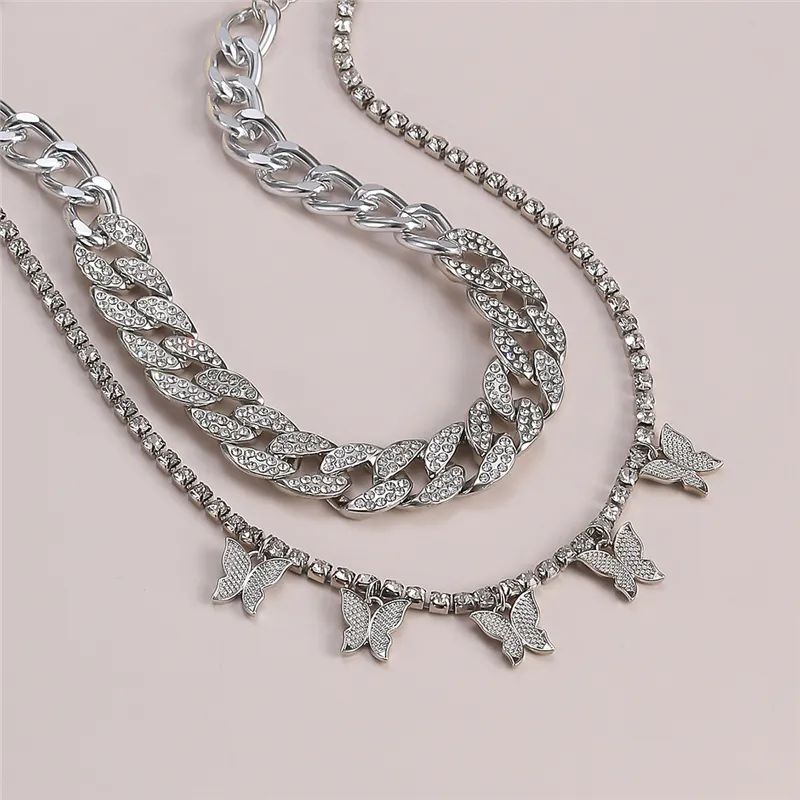 Butterfly Pendant Cuban Link Layered Necklace For Women Bling_voghion.com