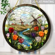 Windmill & Tulips Suncatcher - Vibrant Stained Glass-style Acrylic. Perfect For Mother's Day, Living Room,or Office Decor. Classic Round Hanging Panel_voghion.com