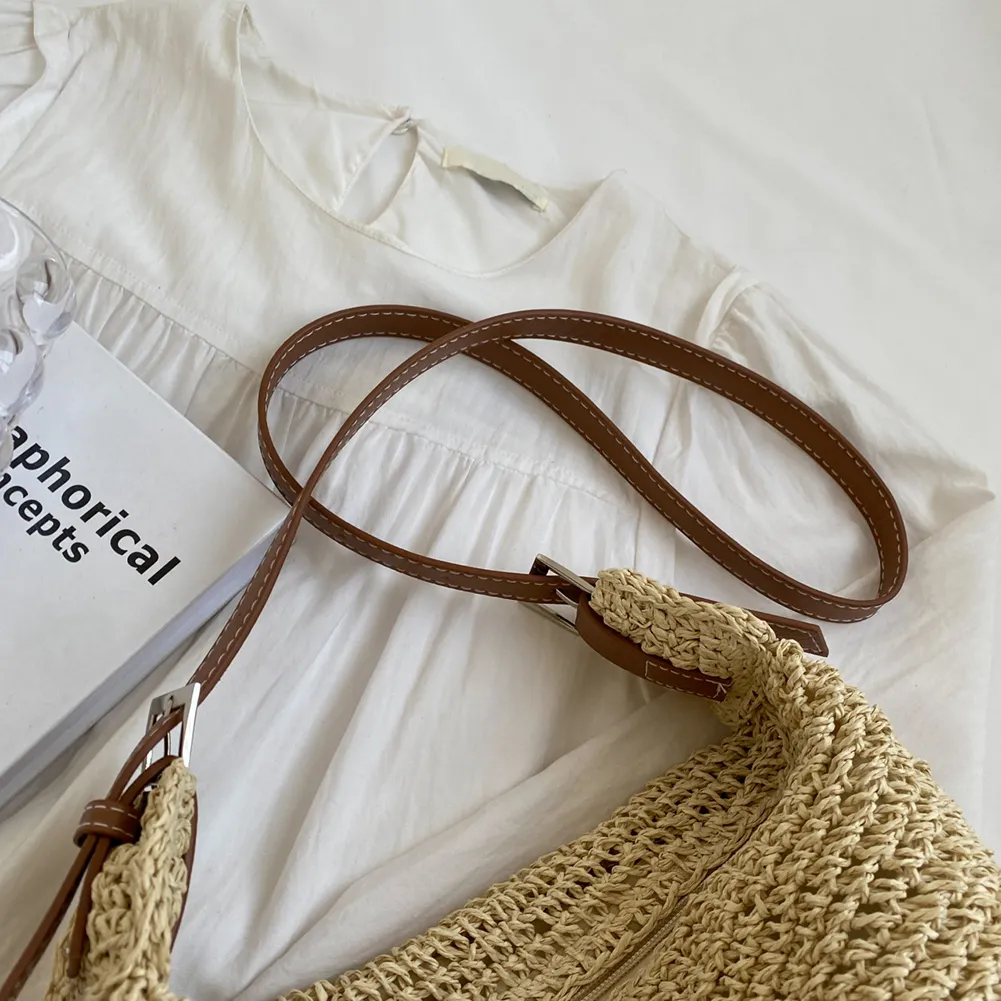 Bolsas de mão feitas à mão, de palha, com corda de papel, fashion, casual, simples, elegante, com alça ajustável, para praia, verão_voghion.com