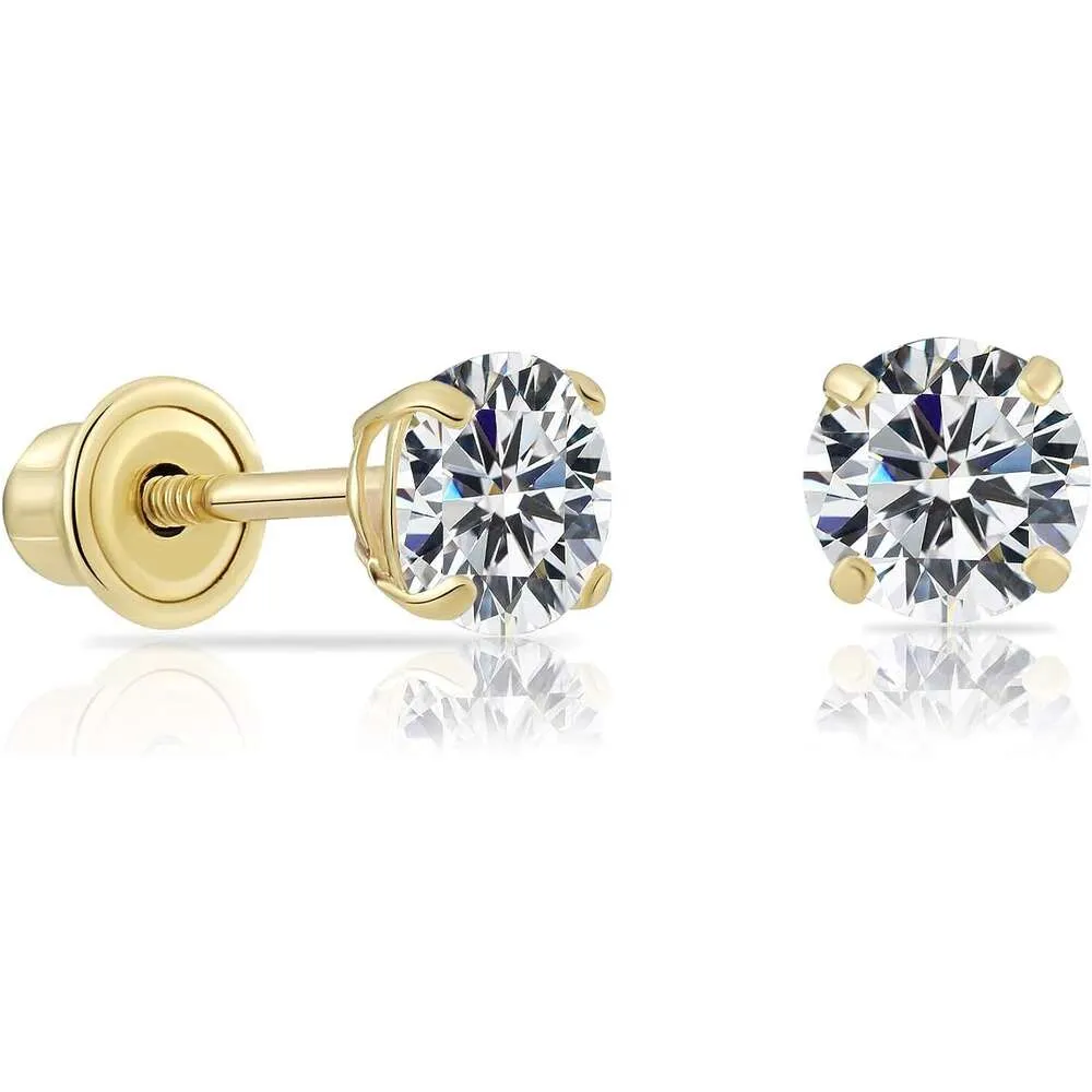Orecchini a bottone con zirconi cubici rotondi solitari in oro giallo 14k con chiusura a vite sicura_voghion.com