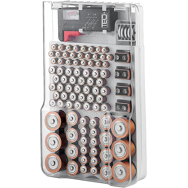 L'organizzatore e il tester della batteria con coperchio L'organizzatore e la custodia per la conservazione della batteria contengono 93 batterie di varie dimensioni Custodia per batterie_voghion.com