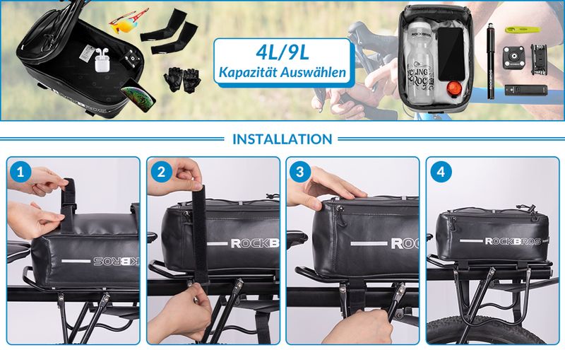 ROCKBROS Pannier Rack dviračio krepšys, atsparus vandeniui 4-9L_voghion.com