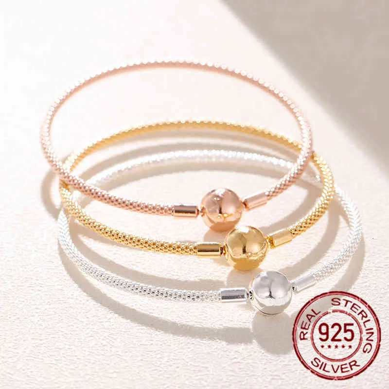 Echte Sterling Silber Perlen Schlangenkette Armband Roségolddraht passend für Original Pandra Bead Charm Damen Schmuck 2022_voghion.com