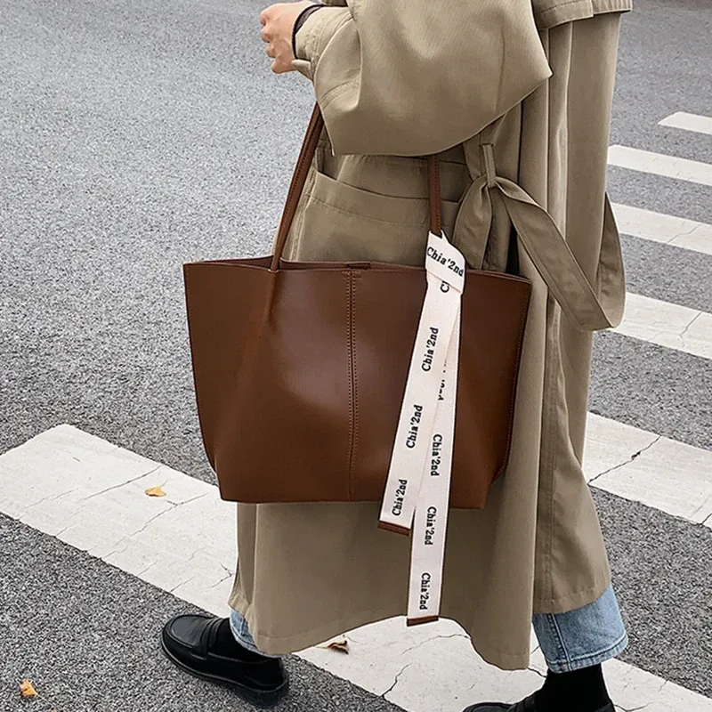 Borsa da ufficio da donna, uso quotidiano, bellezza, marrone, nera, moda, con nastro, a tracolla, per pendolari, grande capacità, a mano, retrò._voghion.com