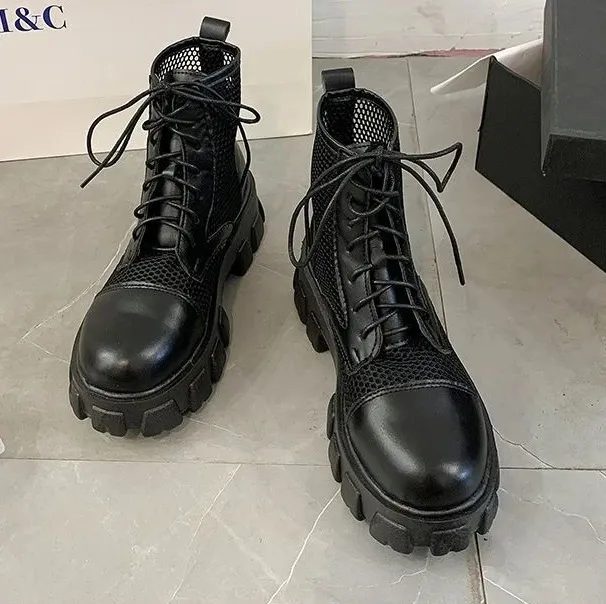 Booties Kurze Schuhe für Damen Punk Style Schwarze Biker Schnürschuhe Leder mit Schnürsenkeln Combat Damen Stiefeletten_voghion.com