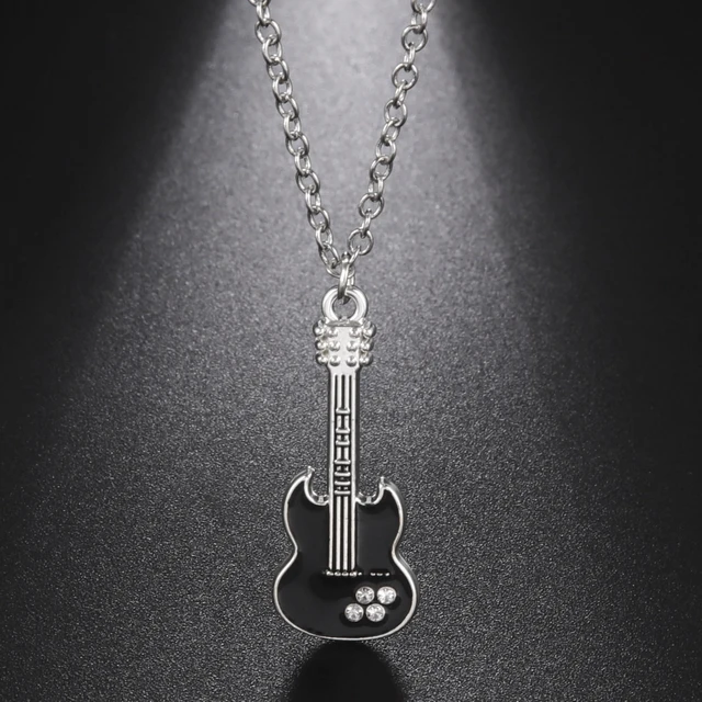 Fishhook Electric Guitar Necklace Music Black Enamel Chain Rock Pop Classic Crystal Zircon Gift For Man Woman Kid Boy_voghion.com