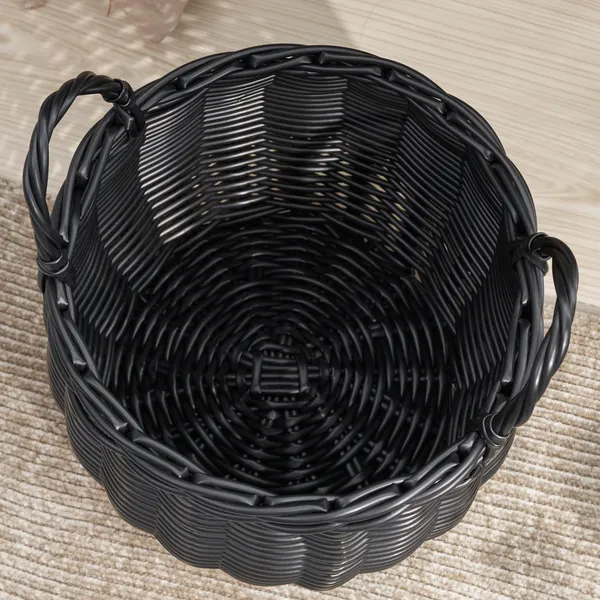 Lucius Round Resin Woven Wicker Basket With Handles - 13' X 13' X 13' - Black - For Clothes, Towels, Toys, Magazines Storage And Home Decoration_voghion.com