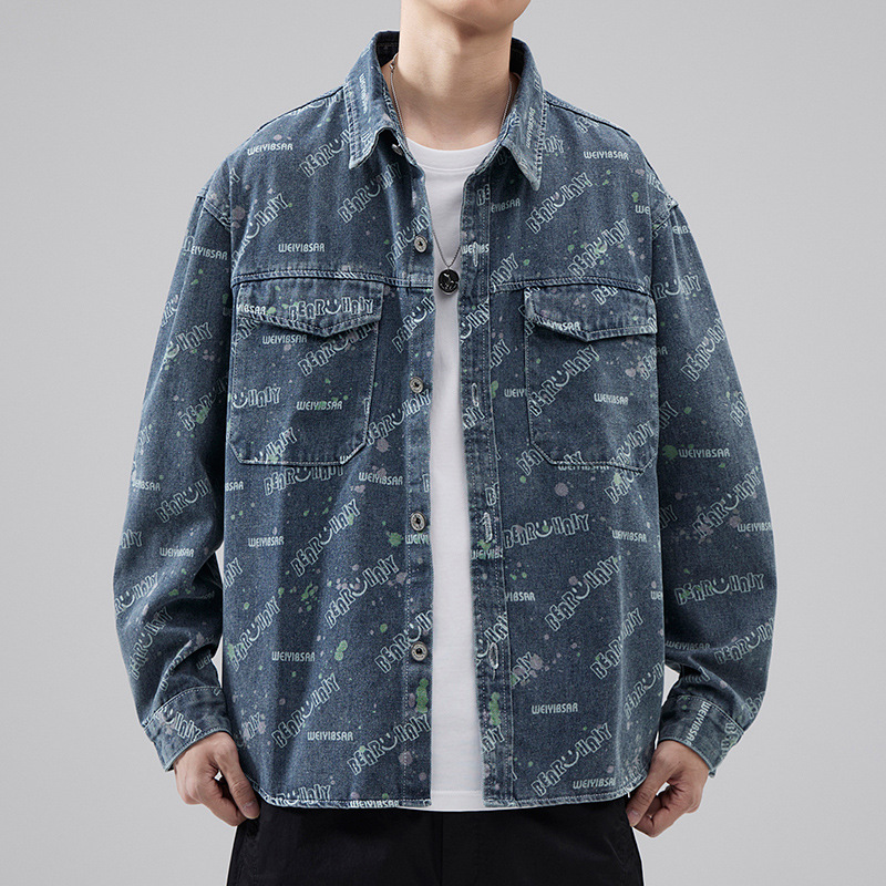 Men's new denim shirt trendy brand loose and casual American retro loose style floral pure cotton Japanese cardigan printed shirt jacket_voghion.com