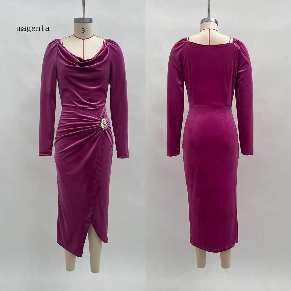 Women's Clothing New Sexy Long Sleeved Slimming Pleated Long Slit Velvet Bodycon Dress_voghion.com