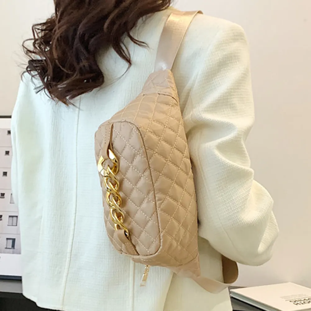 Bolsa tiracolo acolchoada com corrente grossa, casual, alça ajustável, simples e portátil para fim de semana_voghion.com