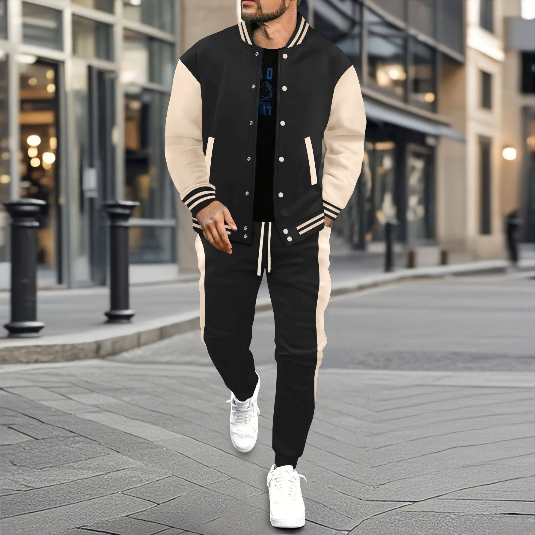 ​​Men's Baseball Jacket & Jogger Set - Casual Contrast Panel Zip-Up Track Suit With Elastic Cuffs​​