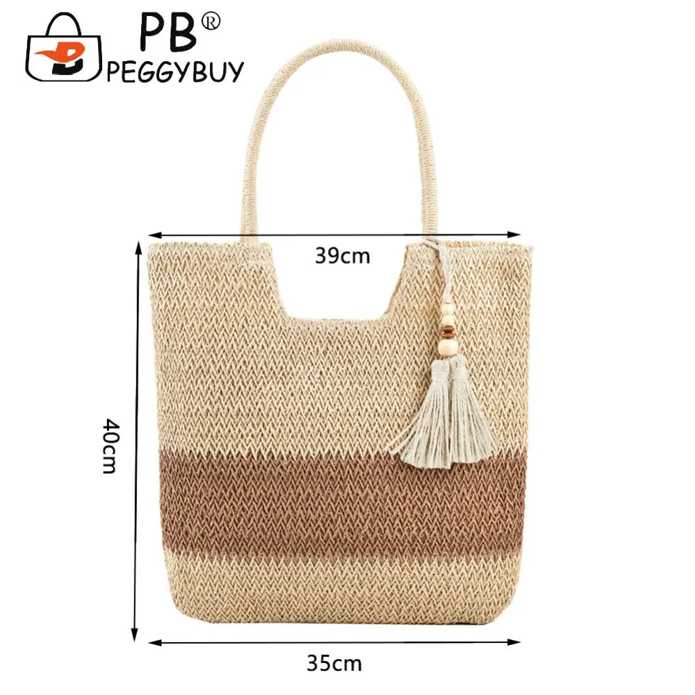 Summer Beach Bags Contrast Color With Tassels Straw Woven Bag Large-Capacity Handmade Fashion Casual Simple For Seaside_voghion.com