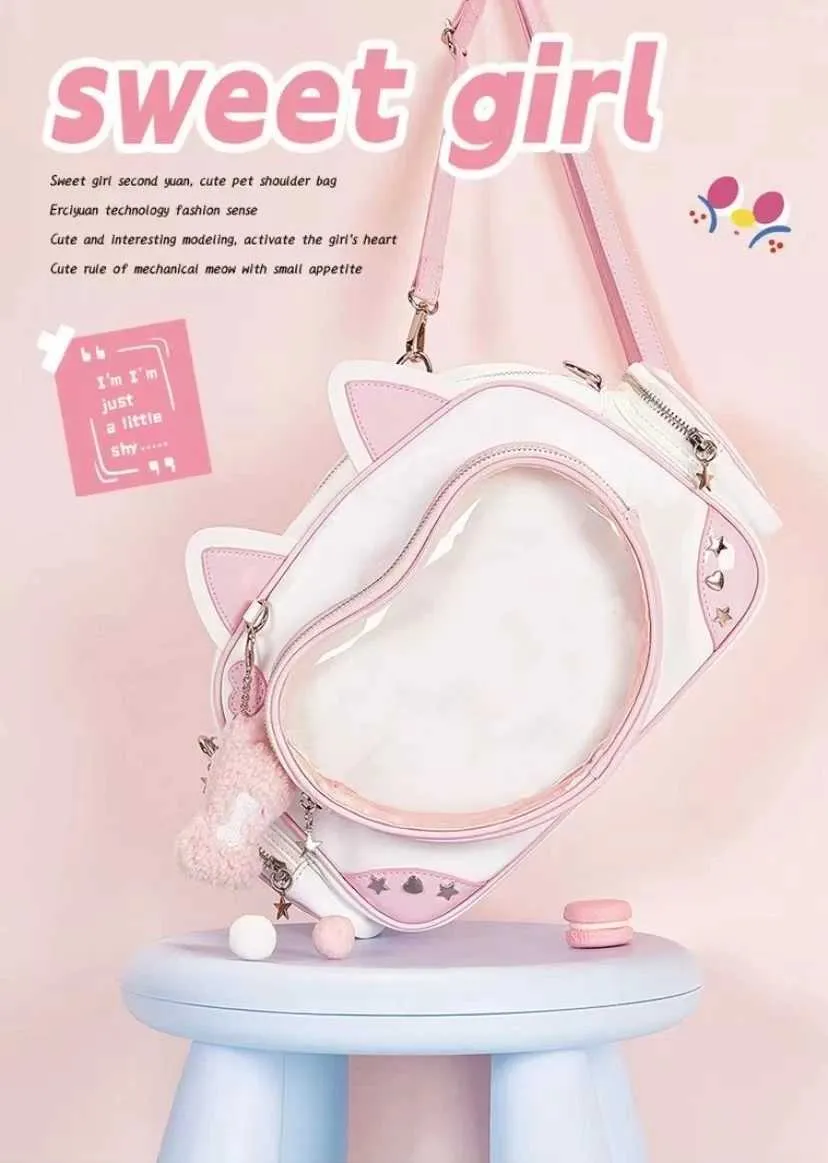 Σακίδιο πλάτης Kawaii Y2K Ita Cat με πτυσσόμενο ρυθμιζόμενο λουράκι, διαφανές τσέπης, στυλ preppy, γυμνάσιο ba241021_voghion.com