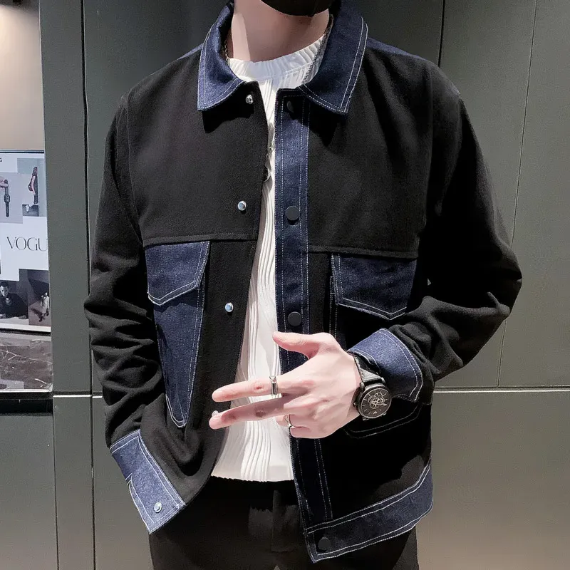 Giacca casual britannica coreana slim fit con risvolto da uomo in denim vintage modello patchwork primavera 2024_voghion.com