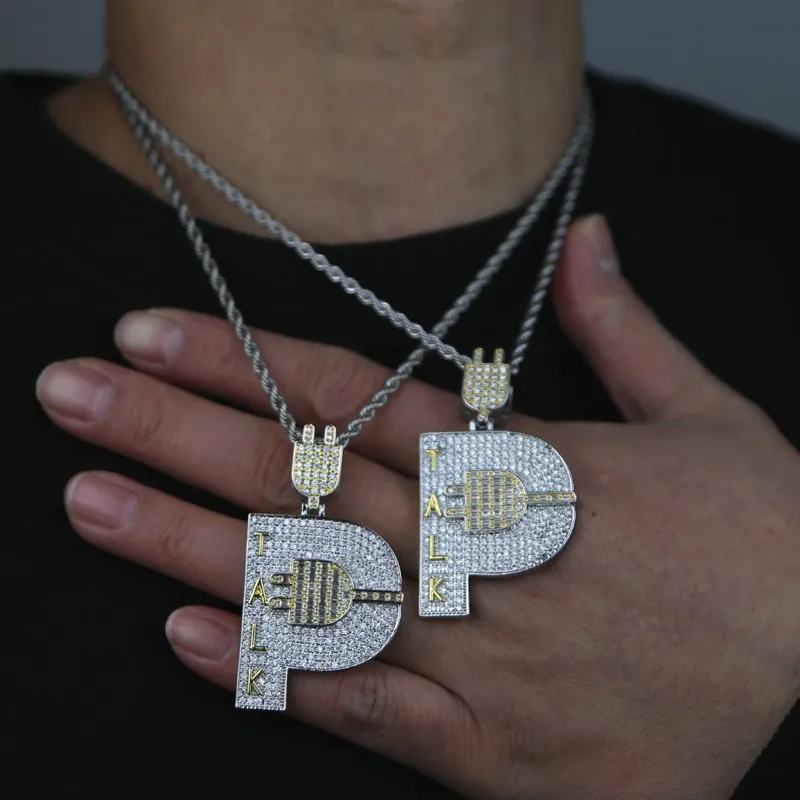 Chaînes Plaqué Or Hip Hop Hommes Bijoux Micro Pave Iced Out Bling Cubique Zircone Pavé Lettre P Forme Talk Plug Pendentif_voghion.com