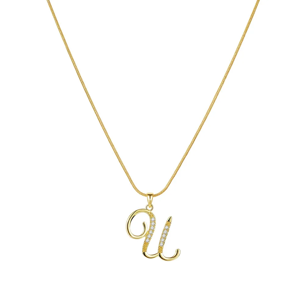 Colliers pendentifs personnalisés CZ A-Z Alphabet Collier Bijoux Plaqué Or Lettre Initiale Cursive Vieil Anglais_voghion.com