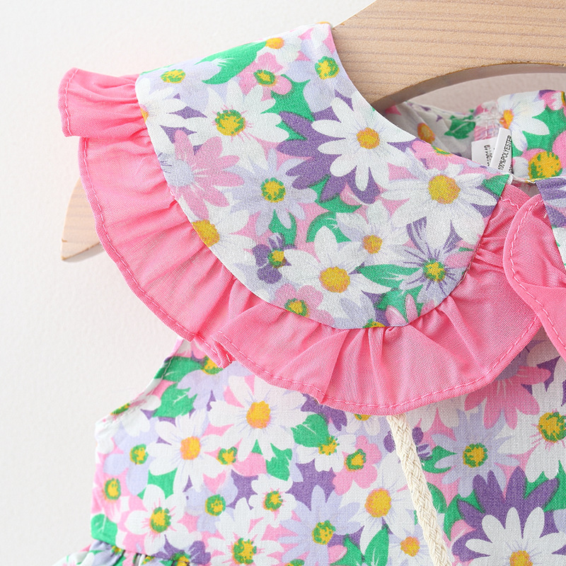 Bloem bedrukte babymeisjesjurk Mouwloos poppenkraagje Schattige jurk Verjaardagsfeestjurk Stuur strik tas_voghion.com