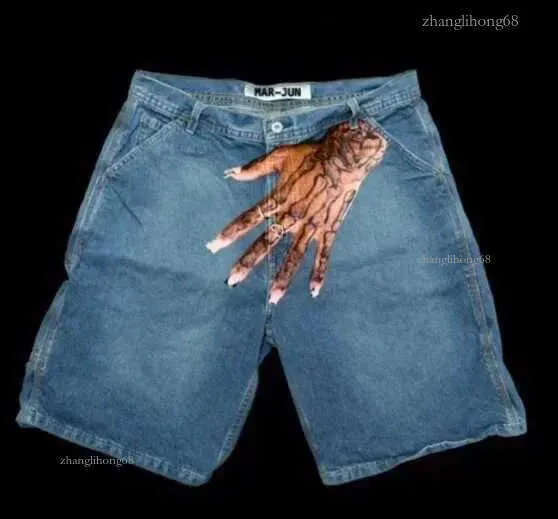 Pantaloni sportivi da uomo in denim con stampa a mano, stile retrò hip-hop, blu, Y2K, gotici, Haruku, pantaloncini da basket, pantaloni lunghi X240914_voghion.com