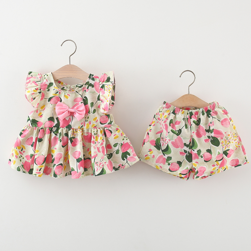 Infant Girl Clothes Set Flower Printed Bow Top+Cotton Shorts Summer Comfortable Kids Clothes_voghion.com